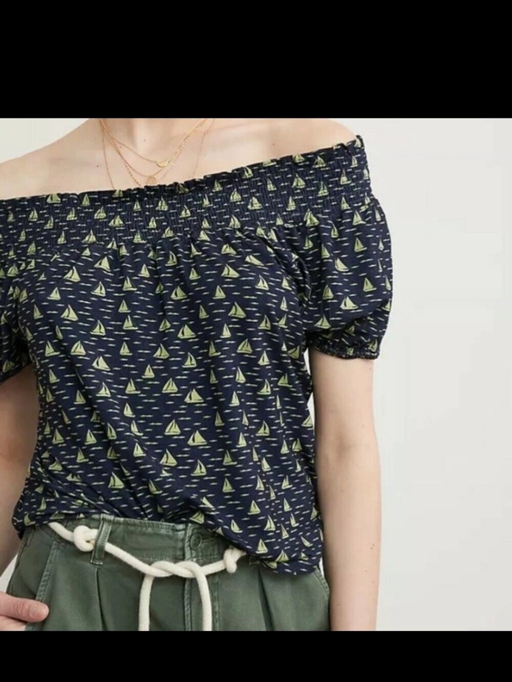 Anthropologie Navy Off-Shoulder Sailboat Print Top-Size XS